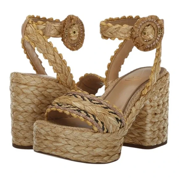 Sam‎ Edelman Iliana Sand Raffia Platform Sandals Women's Size 5M Woven Heel - Picture 7 of 10